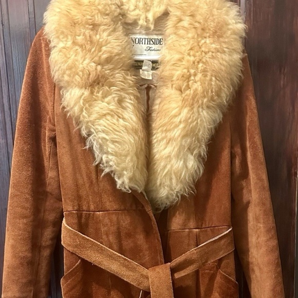 Vintage Leather Long Coat with Furry Collar by Northside Fashions Reddish-Brown - Picture 1 of 9